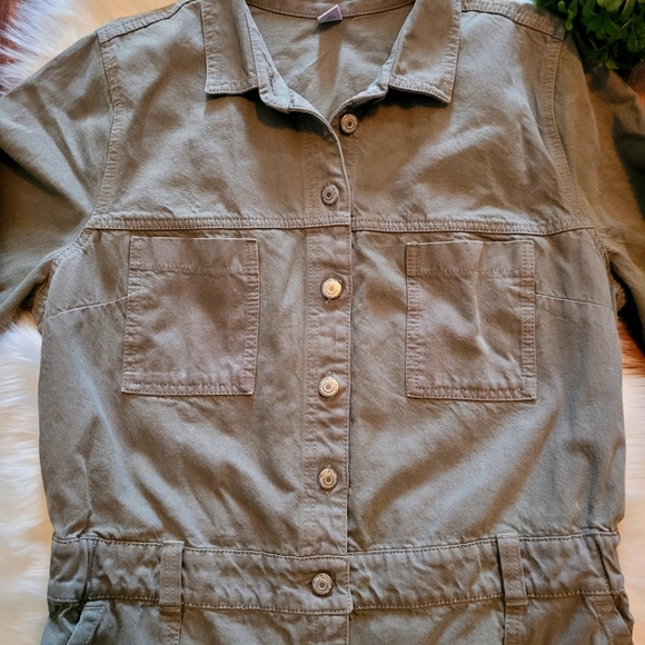 Long-Sleeve Cropped Jean Utility Jumpsuit for Women (GREEN) - Picture 4 of 15